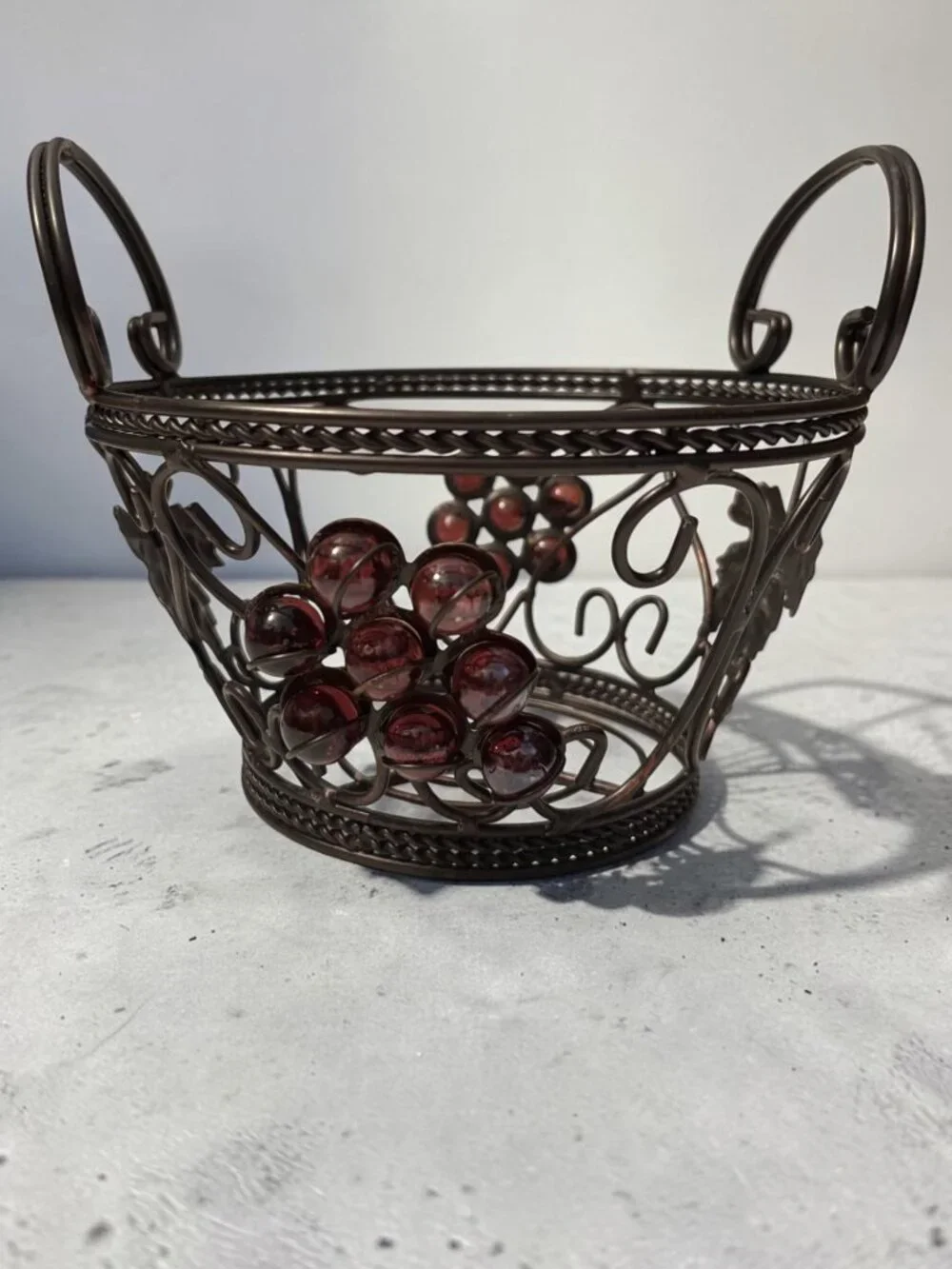 Decorative Wire Basket With Grape Motif &  Glass Accents Metal Construction Rust